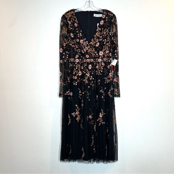 Mac Duggal 35103 Size 12 Black Floral Embroidery Long Sleeve Cocktail Midi Dress - Picture 3 of 5